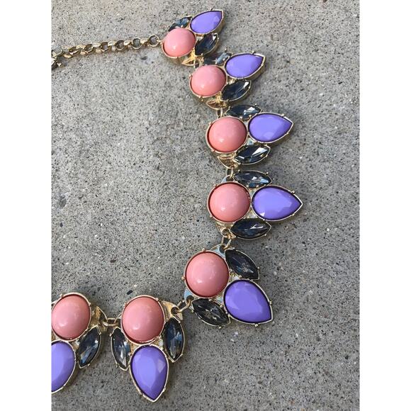 Vintage Rhinestone and Plastic Cabochon Statement Necklace Orange and Lavender - Picture 3 of 4